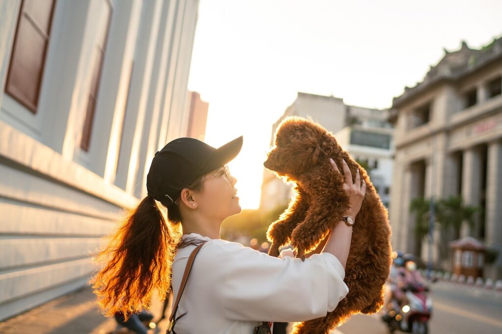 Frau Haustier kleiner Hund unterwegs Haustiere für Berufstätige – Wichtige Tipps