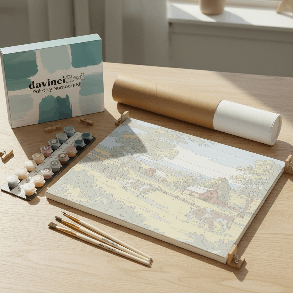 Organisierte Malen nach Zahlen Materialien einschließlich einer Schutzröhre, einer glatten Leinwand und Farben