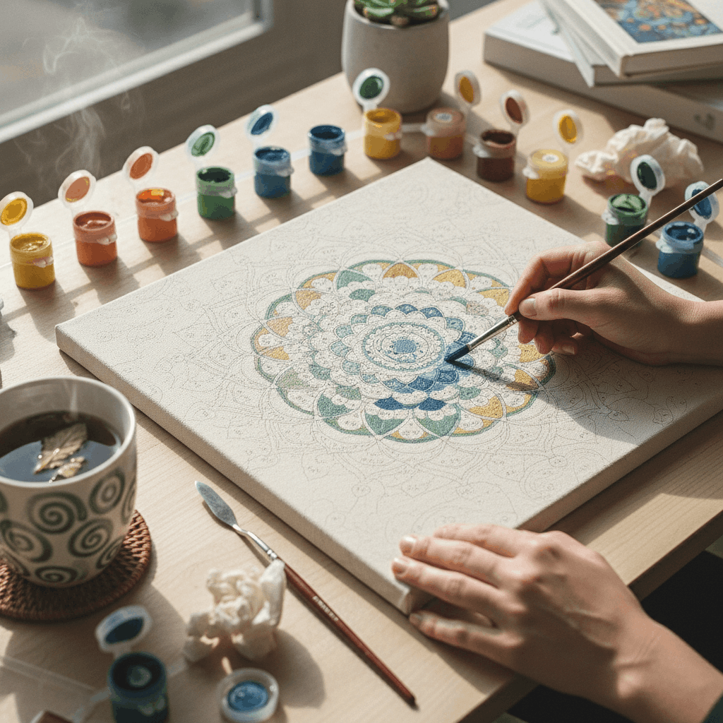 Eine Person, die in einer entspannenden Umgebung sorgfältig Farbe auf eine nummerierte Leinwand aufträgt